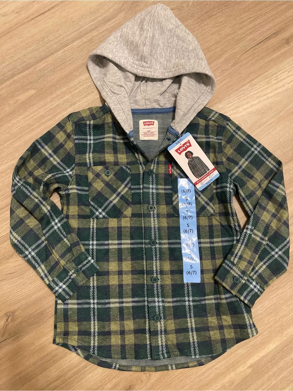 NWT Levi’s Boys Hooded Flannel Shirt Jacket - Green/Gold Plaid - Size S (6/7)